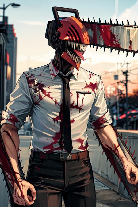 masterpiece, best quality, highres, monster boy, djb, sharp teeth, chainsaw, blood on clothes, blood on weapon, collared shirt, black pants, <lora:denji_v2:0.9>, tongue out,