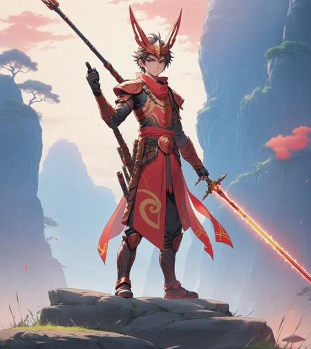 even,1boy,Totem,looking at viewer,holding, holding weapon, standing,Lance weapon,panoramic view, full body,solo,red theme,Beiji,holding weapon,standing,Line art,x1boy,malefocus,yelloweyes,official