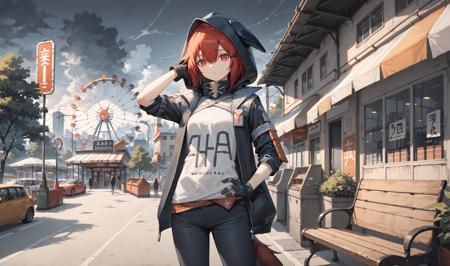 Crownslayer, animal ears, tail, red hair, short hair, hairclip, red eyes, bangs, hair between eyes, black jacket, hood, hood up, grey shirt, black jeans, mask, masked face, black gloves pants, black pants, black gloves, fingerless gloves,