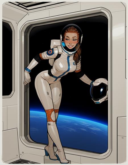 IllustriousQual, detailed face,
tall woman, milf, solo, thick build, long brown hair, hair pulled back, medium breasts, long legs, (muscular thighs:0.3),
flirty smiling, wearing a spacesuit and helmet, on a space station, posing in an airlock, view of blue planet out of window,
<lora:incaseIllustrious:0.8> incase style,