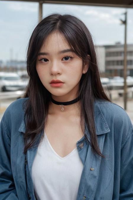 1girl, black shirt, jeans jacket, petite, white shirt, full body, bright picture, cute korean girl, blue eyes,(brown hair), facing the camera, highly detailed, epic, (straight hair:1.7), gorgeous, film, Ultra High Resolution, wallpaper, 8K,Rich texture details, hyper detailed, detailed eyes, detailed background, dramatic angle, epic composition, SimplepositiveXLv1 dynamic lighting, award winning photo, (black choker:1.3), long hair, freckles,, (18 year old girl), (mad:1.7), slut, whore, ash hair, red lips, (no makeup:1.7)