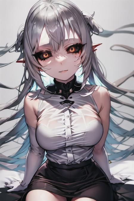 masterpiece, best quality, 1girl, solo, black sclera, colored sclera, brown eyes, silver hair, face focus, from above, looking at viewer, sfw, black skirt, white shirt <lora:black_sclera:1>