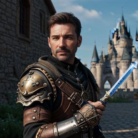picture of a masculine and experienced crusader, 39 years old, standing, face closeup, proud facial expression, 8k, hdr, high resolution, very detailed, Sony Alpha A6400, 35mm, professional photography, real skin, detailed skin, wearing fusion of medieval and steampunk details, holding a arcane glowing sword, bokeh, steampunk castle background, <lora:detail_slider_v4:2> <lora:epiCRealismHelper:0.9> <lora:skin_slider_v10:0.5>