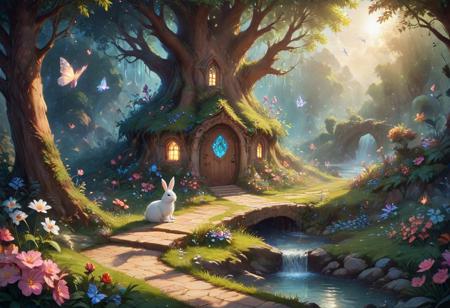 (Isekai anime style.Anime coloring.(0.9))In a whimsical world, a beautiful fairy garden blooms with vibrant flowers and sparkling fountains. A delicate, crystal bridge spans a gentle stream, leading to a majestic tree with leaves that shimmer like diamonds. A friendly, fluffy rabbit hops along the winding path, surrounded by fluttering butterflies and sweet, singing birds. The garden is filled with hidden treasures, like a tiny, glowing fairy door and a secret, shimmering cave. A soft, fluffy cloud drifts lazily across the sky, casting a warm, gentle shadow over the garden. The air is filled with the sweet scent of blooming flowers and the soft, soothing sound of gentle chimes. It's a peaceful, magical place where dreams come alive and wonder waits around every corner.master_class,master_piece,up_8,up_9,perfect beautiful,perfect beautiful early morning light.