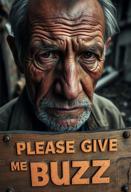 “A middle-aged man with deeply wrinkled, weathered skin is captured in a close-up using a 50mm Panavision Prime lens, revealing every intricate detail of his face. Dramatic lighting casts heavy shadows, highlighting the sorrow and exhaustion etched into his features. His eyes, full of suffering, speak to years of hardship. In the background, softly blurred, a decaying slum looms with crumbling walls and debris. At the lower part of the image, a cracked wooden panel with rusted nails holds bold, capital letters carved into the wood, reading ‘PLEASE GIVE ME BUZZ.’ The text, in a pastel color, blends with the wood grain, intensifying the gritty, distressed atmosphere, adding an ironic contrast to the somber mood.”