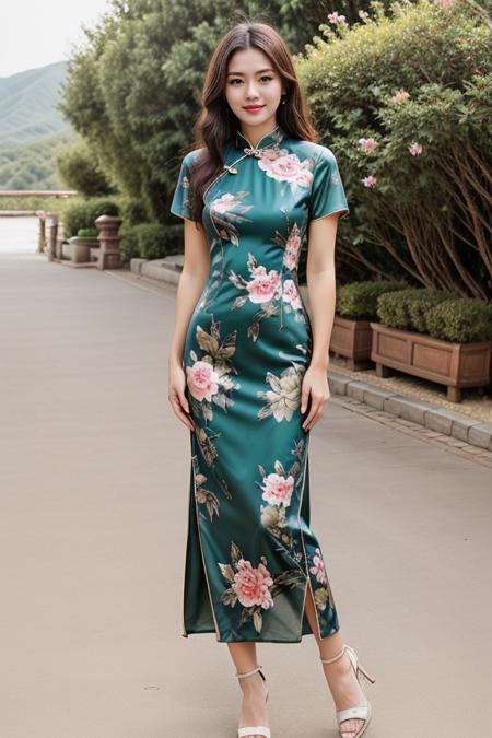 detailed, beautiful, cute, full body shot, scenic view, professional photo, <lora:Detail Slider V2 By Stable :0.4>
<lora:China Dress By Stable Yogi:1> olive, long china dress, floral print