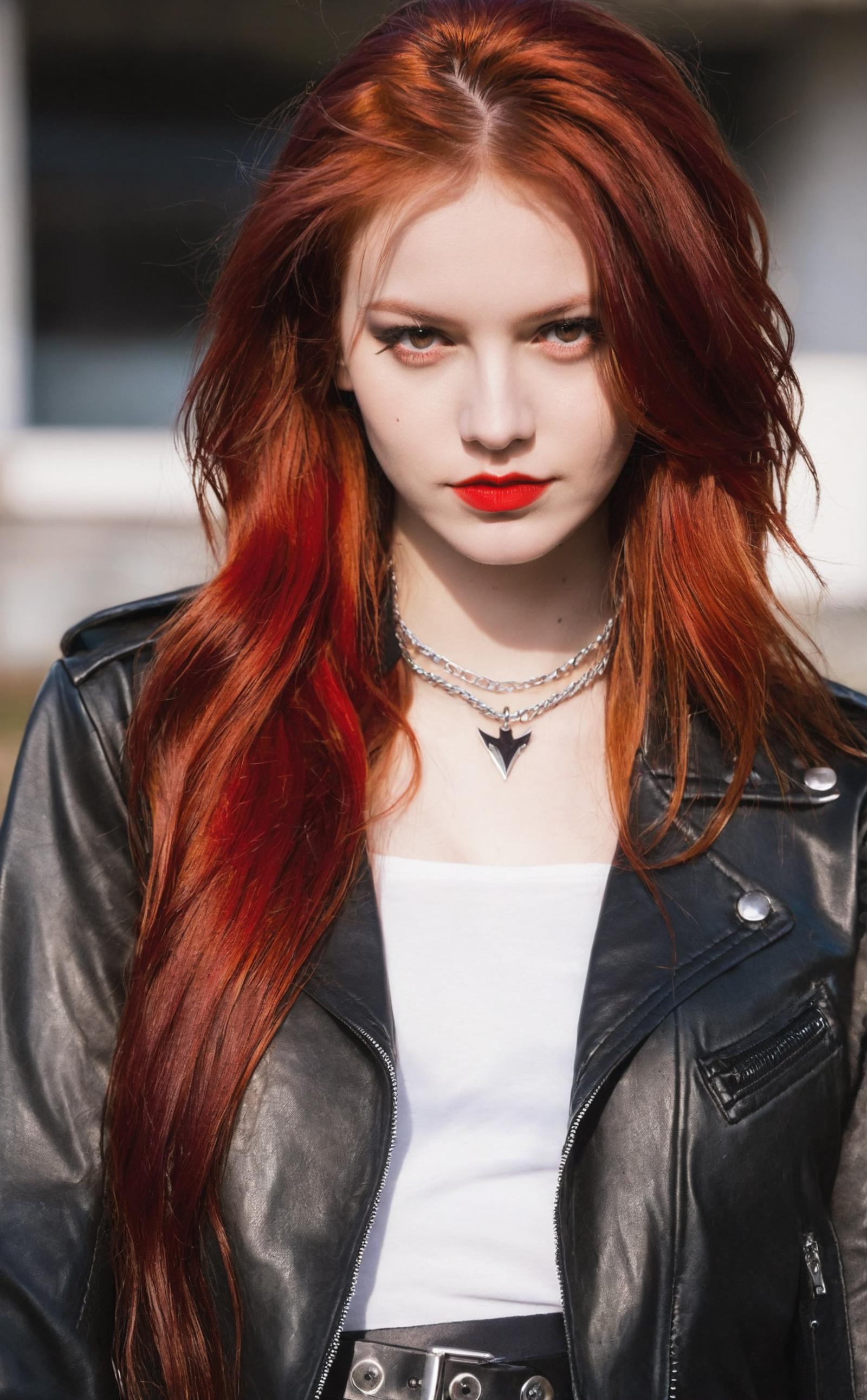 A red-haired woman with a leather jacket and a necklace.