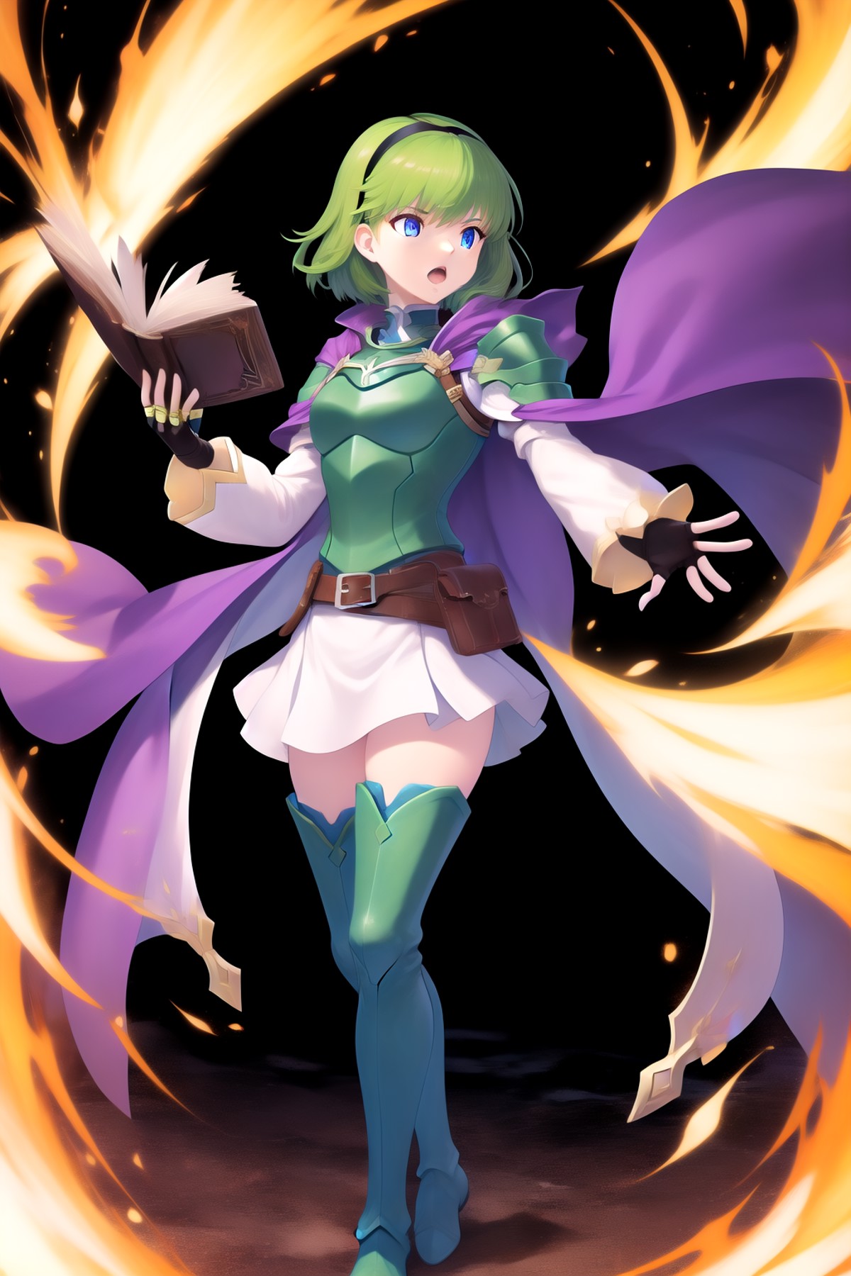 masterpiece, best quality, absurdres, nino, 1girl, solo, (green magic, magic sword, floating swords, unlimited blade works...