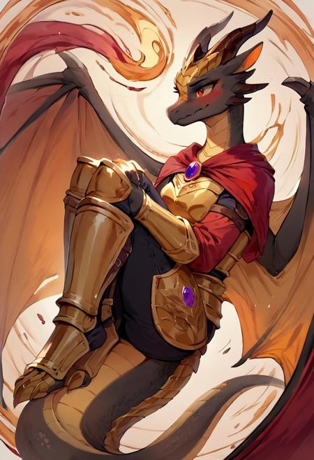 score_9, score_8_up, score_7_up, (4k quality, high resolution, additional details), 1girl, female dragon (hairless), anthropomorphic dragon, golden belly, half-open black webbed wings on the back (golden inside), wizard, golden armor(pattern on the armor), covering the entire body, red robe with a golden pattern, female, black scales, predatory fiery red eyes (detail), four black horns on the head, (medium breast, natural breast), blush, from side, hugging own legs, fetal position, soft light background