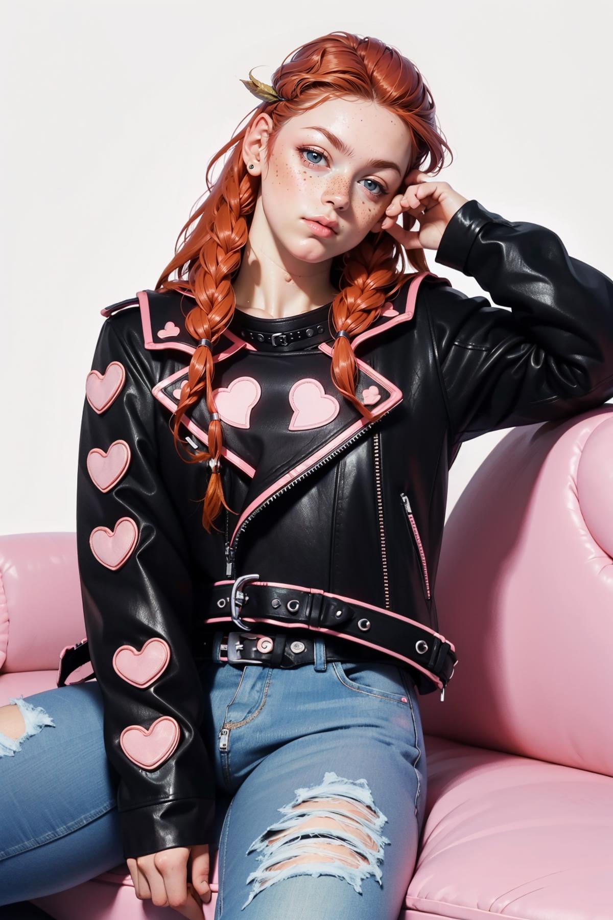 A young girl wearing a black leather jacket with pink hearts on it, sitting on a pink chair.