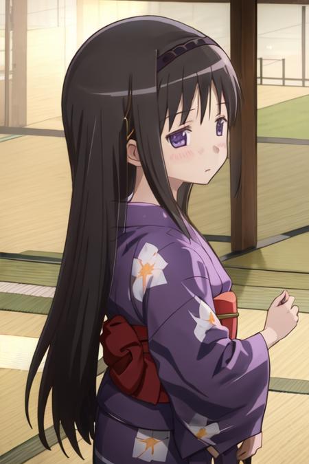 best quality, masterpiece, highres, solo, {yukata:1.40}, {kimono:1.20}, {akemi_homura_puellamagimadokamagica:1.15}, black_hair, long_hair, hairband, purple_eyes, blush