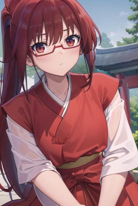 tomoekarijuku, <lora:tomoekarijukutest:1>, tomoe karijuku, long hair, (red eyes:1.1), ponytail, red hair, glasses, semi-rimless eyewear, red-framed eyewear,
BREAK skirt, japanese clothes, hakama, hakama skirt, miko, red hakama,
BREAK looking at viewer,
BREAK outdoors, shrine,
BREAK <lora:GoodHands-vanilla:1>, (masterpiece:1.2), best quality, high resolution, unity 8k wallpaper, (illustration:0.8), (beautiful detailed eyes:1.6), extremely detailed face, perfect lighting, extremely detailed CG, (perfect hands, perfect anatomy),