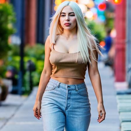 shot of ava_max ((braless)) walking down a street, (1970s) extremely high quality RAW photograph, detailed background, intricate, Exquisite details and textures, highly detailed, ultra detailed photograph, warm lighting, artstation, 4k, sharp focus, high resolution, detailed skin, detailed eyes, 8k uhd, dslr, low harsh lighting, high quality, film grain, Fujifilm XT3, <lora:ava_max v1.0:1>