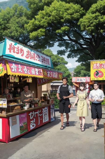 masterpiece, best quality, ultra-detailed, illustration,
omatsuri, food stand, multiple boys, food, shirt, outdoors, scenery, short hair, multiple girls, tree, holding, black hair, apron, day, sandals, 3boys, standing, headband, shorts, brown hair, walking, 
<lora:omatsuri_V4_1.0_OUTD_Resize_DIM8:1>