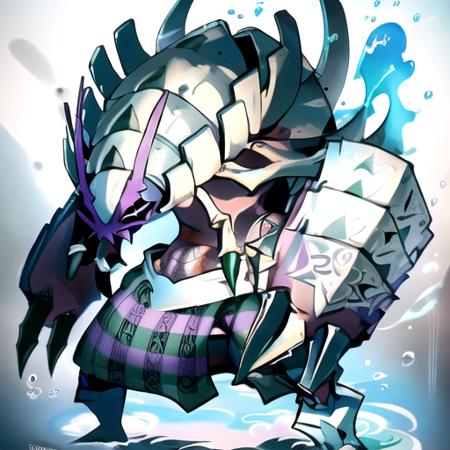 golisopod, arm tattoo, hand tattoo, kilt, standing, looking away, legs apart, standing, water, sword, blue background, gradient backround