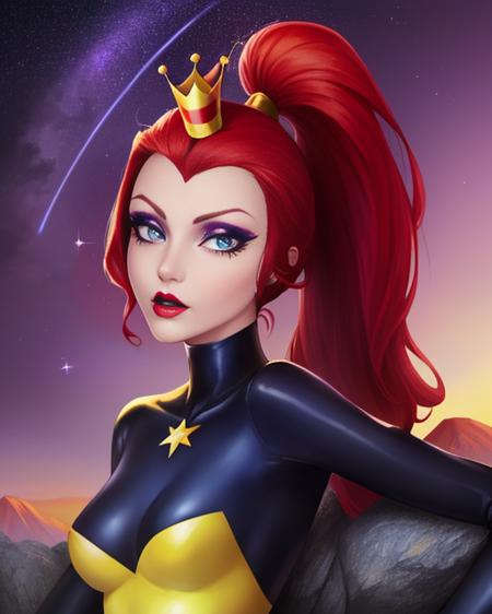 PWHN,makeup,red hair, ponytail, blue eyes, solo,  red lipstick,  sitting on rock,  close up,  upper body, red lipstick,
PWSuit,  (yellow striped bodysuit), skin tight, high heels, black Skull Cap, small crown,  
high mountain, dusk, stars, cartoon,  purple sky, 
(insanely detailed, beautiful detailed face, masterpiece, best quality)    <lora:princessWHN:0.7>