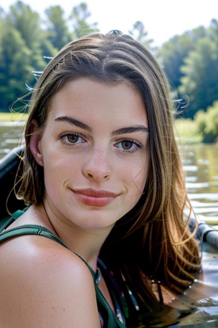 (raw) photo of a stunningly beautiful young pale, woman, sitting in the canoe across from me, close up, perfect face, vacation memories, 8k uhd, perfect day at the cottage, sharp focus, fujifilm xt3