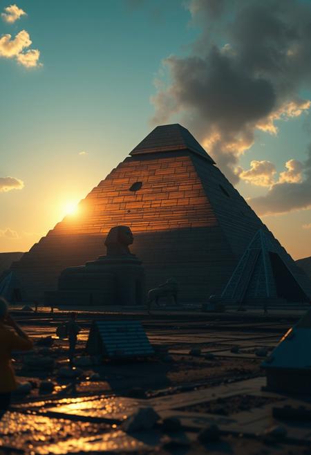 (photorealistic, realistic, masterpiece, best quality, amazing quality, very aesthetic, absurd res, scenery, glossy image, shiny image, dramatic lighting, volumetric lighting, dramatic shadows). 
Aliens are building an Egyptian pyramid.