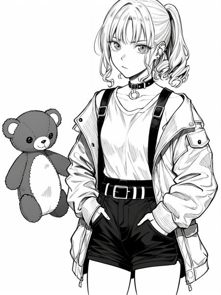 HEZI, black and white line, line tension, character tension, cool, 1girl, greyscale, monochrome, solo, shorts, choker, jacket, ponytail, earrings, ear piercing, piercing, white background, stuffed toy, jewelry, belt, hands in pockets, simple background, stuffed animal, closed mouth, collar, shirt, cowboy shot, bag, short shorts, holding, open clothes, open jacket, looking at viewer, long hair, shoulder bag, collarbone, long sleeves, looking to the side, teddy bear, sidelocks, standing, hand in pocket, medium hair, belt collar, hatching \(texture\), coat, multiple earrings, spikes, holding stuffed toy, hair pulled back, doll, curly hair<lora:é»ç½çº¿ç¨¿-000003:0.6>