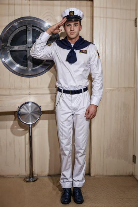 Inside navy ship, steel wall, ((porthole in wall)), standing at attention, muscular DarinSilvers, slight smile, sexysailor, sailor uniform, navy uniform, white pants, white shirt, (long sleeve shirt), blue scarf, black boots, sailor hat, salute, masterpiece, (((full body portrait))), ((full body)), wide angle, (looking at viewer), highly detailed, (high skin detail), (high face detail), photorealistic, RAW photo, soft lighting, high quality <lora:DarinSilvers-step00001800:0.75> <lora:Clothing - Sexy Sailor:0.4>