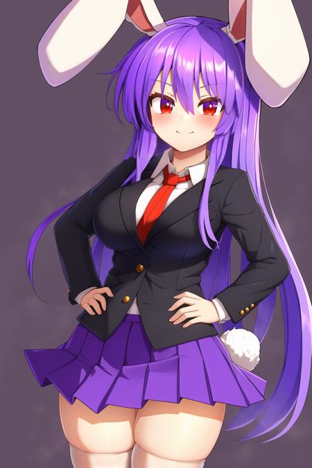 (reisen udongein inaba), 1girl, long_hair, solo, animal_ears, microskirt, necktie, rabbit_ears, shirt, red_eyes, red_necktie, (white_shirt), bangs, jacket, smile, cowboy_shot, hands on hips, looking_at_viewer, purple_hair, black_skirt, thighhighs, white_thighhighs, collared_shirt, hair_between_eyes, purple_background, long_sleeves, blazer, large_breasts, standing, pleated_skirt, buttons, simple_background <lora:pesonew-000009:0.8>