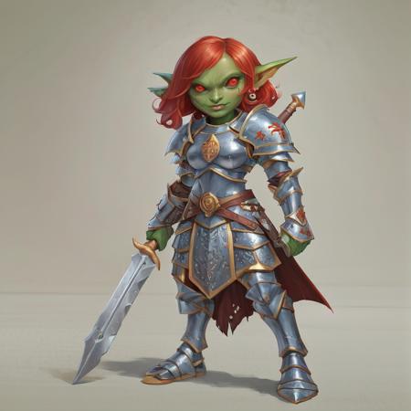 A cute female path_goblin paladin, big eyes, her noble countenance framed by red hair. Clad in polished plate armor emblazoned with religious symbols, she radiates an aura of righteousness and devotion. The hilt of a ((gleaming)) longsword protrudes from her belt, a symbol of his unwavering commitment to justice. The full-body solo portrait showcases her resolute stance against a gradient background of celestial hues, reminiscent of heavenly realms., big breasts, sexy armor,<lora:Path_goblin:1>