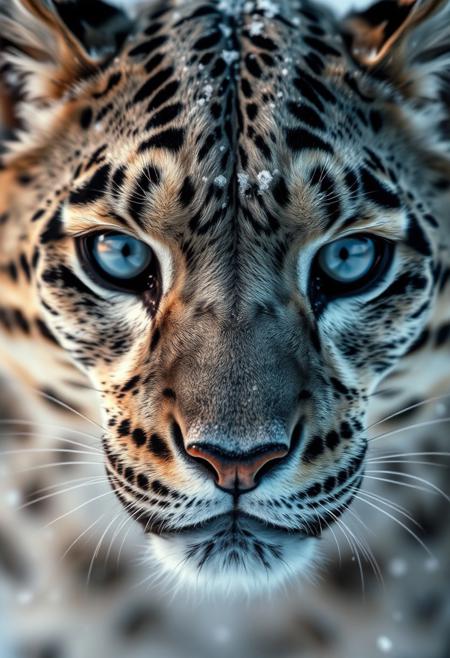 Close-Up of a Snow Leopard's Eyes, A hyper-realistic close-up of a snow leopard staring into the camera. The intricate details of its fur, individual strands of white and grey, and piercing icy blue eyes. The cold mountain landscape reflected in its pupils. Ultra-sharp focus, soft snow particles in the air, capturing raw wilderness energy.