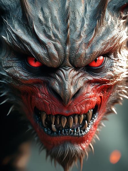 Close-up view of a monstrous creature's face, centered in the frame, (detailed texture:1.2) with a ferocious expression, showing sharp teeth bared in a menacing growl, eyes glowing red, showcasing dark, complex shadows and highlights across the face. The creature's skin appears like rough, aged bark, with varying shades of brown and dark tones, contrasting with the stark light in the eyes. The overall mood is dark and ominous, evocative of a mythical beast. High detail digital art, stylized illustration, photorealistic, epic scale, dramatic lighting, (intricate details: 1.1), intense, (red eyes: 1.2),
 <lora:CINE-000008:1> CINE ,<lora:unholy-000009:1> ,<lora:BeautyInEvilXL:0.51> hkevil