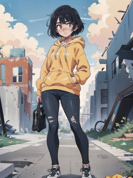 (best quality, masterpiece:1.1), 1girl, black hair, yellow hoodie, (ruins:1.2), abandoned city, outdoors,  <lora:BrushlineV1:0.7>