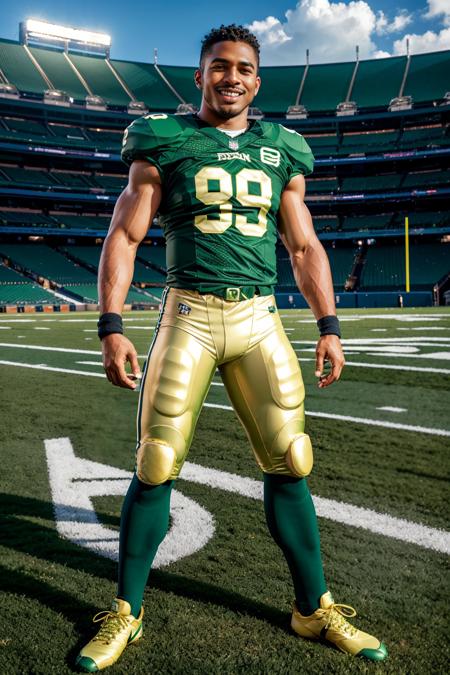 on the field of an American football stadium, SeanXavier, American football player wearing American football uniform, American football shoulder pads, ((green jersey)), jersey number 89, (pale gold football pants and pads), green socks, black sneakers, smiling, masterpiece, (((full body portrait))), full body shot, wide angle  <lora:SeanXavier-000005:0.8>