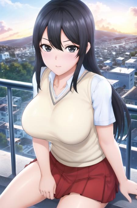 (day:1.7), sitting  on a balcony with a view of a city in the background and a sunset in the background,
school_uniform,short_sleeves,Red skirt ,sweater vest, White collared shirt, 
<lora:saiminSeishidou:0.2>,<lora:Mai_Shiranui-KK77-V2:0.1>,<lora:Artificial_Academy_1-KK77-V1:0.7>,
bangs,hair_between_eyes,black_hair,black_eyes,long_hair,
1 girl, 20yo,mature female,Beautiful Finger,Beautiful long legs,Beautiful body,Beautiful Nose,Beautiful character design, perfect eyes, perfect face,
looking at viewer, (innocent_big_eyes:1.0),(expressionless:1.3),
NSFW,official art,extremely detailed CG unity 8k wallpaper, perfect lighting,Colorful, Bright_Front_face_Lighting,
(masterpiece:1.0),(best_quality:1.0), ultra high res,4K,ultra-detailed,
photography, 8K, HDR, highres, absurdres:1.2, Kodak portra 400, film grain, blurry background, bokeh:1.2, lens flare, (vibrant_color:1.2)
(Beautiful,large_Breasts:1.4), (beautiful_face:1.5),(narrow_waist),