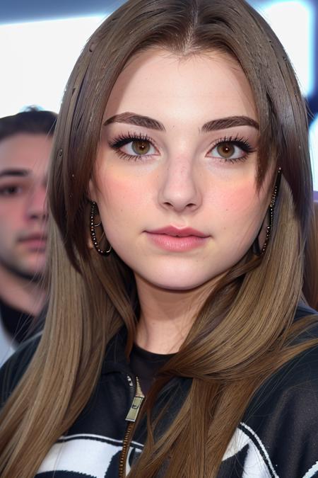 a stunning young woman at the crowded comicon convention, in a cute starwars sweatshirt, (people in the background), (stunning eyes, extreme close up), perfect face, raw, 8k uhd, <lora:emilyVanCamp:1>