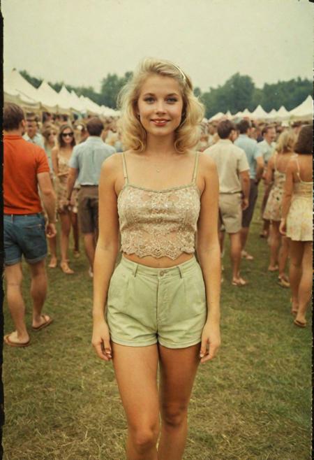Vintage photo look, Wide shot, 24mm, ((full body shot)), 
Vintage comic book cover of a Gorgeous blonde 23yo Czech girl in skimpy summer festival outfit, smiling, 
((dancing)) , faded photo, sunny outside festival on grass, (symmetrical perspective), ( natural lighting ), (nostalgic and eerie vibe), (wide-angle shot), shorts, bare legs, feet in flipflops , 
In the style of wes Anderson,
Movie Still, Film Still, Cinematic, Cinematic Shot, Cinematic Lighting, 
Aligned eyes,  Iridescent Eyes,  (blush,  eye_wrinkles:0.6),  (goosebumps:0.5),  subsurface scattering,  ((skin pores)),  detailed skin texture,  textured skin,  realistic dull skin noise,  visible skin detail,  skin fuzz,  dry skin,  sharp picture,  sharp detailed,  analog grainy photo vintage,