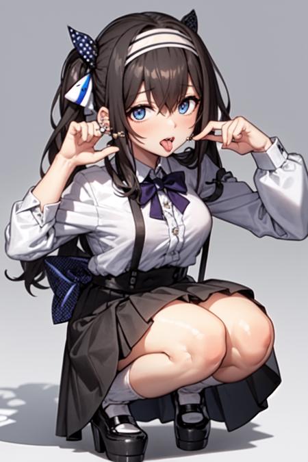 <lora:sagisawa fumika v2fix:1> sagisawa fumika, solo, jirai kei, 1girl, blue eyes, tongue, tongue piercing, black hair, mask pull, squatting, twintails, tongue out, fishnets, long hair, mask, black skirt, open mouth, looking at viewer, shirt, skirt, bow, platform footwear, pink shirt, frills, socks, bangs, long sleeves, mouth mask, piercing, black footwear, hair between eyes, hairband, jewelry