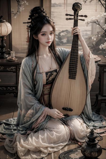 1girl,blush,eyelash,(half updo:0.1),messy hair,make up,powder blusher,beautifully detailed big round dark brown eyes,double eyelid,supermodel,detailed shiny pale skin,smile,looking at viewer,
large breasts,
hanfu,chinese clothes,long sleeves,black hair,hair ornament,chinese painting mural,sitting,low wooden table,ancient china,pipa,playing pipa,pipa \(instrument\),
lute,<lora:~Q?-t5t6_V2:0.8>,
masterpiece,best quality,high quality,highres,natural light,ray tracing,volumetric light,realistic,photorealistic,ultra highres,<lora:add_detail:0.5>,<lora:epi_noiseoffset2:0.1>,