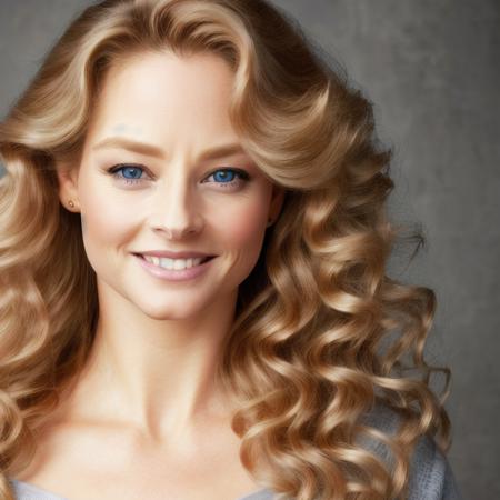 closeup picture, best quality, a  sexy beautiful JFO<lora:JFO:1.0>, long hair, curly hair, blonde hair, blue eyes, looking at viewer, smile, simple background, grey background, shirt, realistic, portrait, makeup, 8k, hdr