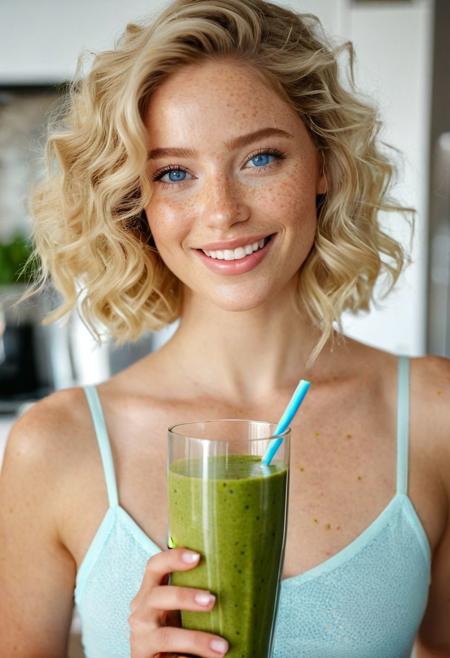 wide-angle view, full-figure visible, entire body in frame, kitchen overview, spacious composition, head to toe in shot, standing in kitchen, kitchen advertisement, full body, lips touching glass, glass in front of mouth, (open mouth:1.2), DRINKING, (SMOOTHIE:2.0), drinking smoothie, mango smoothie, healthy smoothie, smoothie in glass, perfect fruits, perfect glass, perfect fingers,  gym clothing, sports clothes, white top, white sporttop, athletic clothing, happy, smiling, laughing, beautiful girl, short light blonde wavy hair, above shoulder length blond curly hair, bob cut, blue eyes, blue eyes:1.1, perfect eyes, extremely detailed eyes, extremely detailed face, textured skin, photorealistic, hyperdetailed:1.2, insane details, natural look, cute face, stunningly beautiful, pale skin, freckles, blush, detailed skin, extremely detailed, 1girl, shoulders, arms, breasts, hips, hands, perfect hands, perfect feet, perfect eyes, perfect nails, upper legs, legs, happy, open mouth, perfect teeth, in the kitchen, marble kitchen block, modern kitchen, 4K, RAW, best quality, masterpiece, ultra-detailed, hyperrealism:1.2, RAW photo, best quality, realistic, photo-realistic:1.3, best quality, masterpiece, extremely delicate and beautiful, extremely detailed natural lighting, bokeh:1.2, Porta 160 color, shot on ARRI ALEXA 65, Fujifilm XT-3, WARMER LIGHTING, sunny kitchen, warm sunlight, sun rays, inviting atmosphere