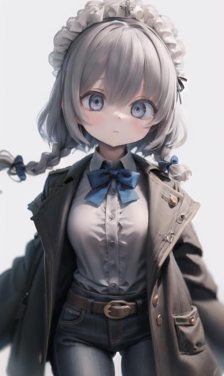 finely detail, Depth of field,best quality, illustration,highres,intricate detail, an extremely delicate and beautiful,,
1girl,solo,izayoi sakuya,blue eyes, grey hair,short hair,  twin braids,long hair,blue bowtie, hair bow, ribbon,, breast,headdress, braid,grey coat, grey shirt,belt,black jeans,
simple background,, <lora:20240110-1704857272830-0015:0.3>