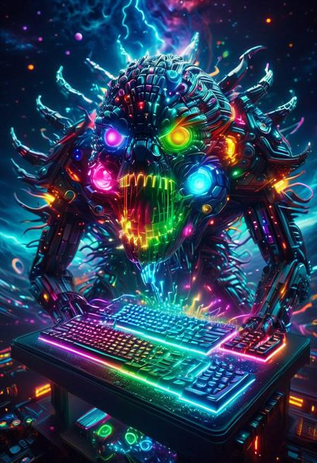 The RGB Kingdom, Masterpiece, best quality, amazing quality, absurd, latest, volumetric lighting, UHD, SFW, vibrant colors, neon, vivid colors, RGB-infused cosmic horror  with swirling colors, keyboards, stunning visuals, exquisite detail, digital art, humorous, realistic, highly detail, beautiful, surreal, dramatic, galaxy fantasy colors, glowneon, glowing, sparks, lightning