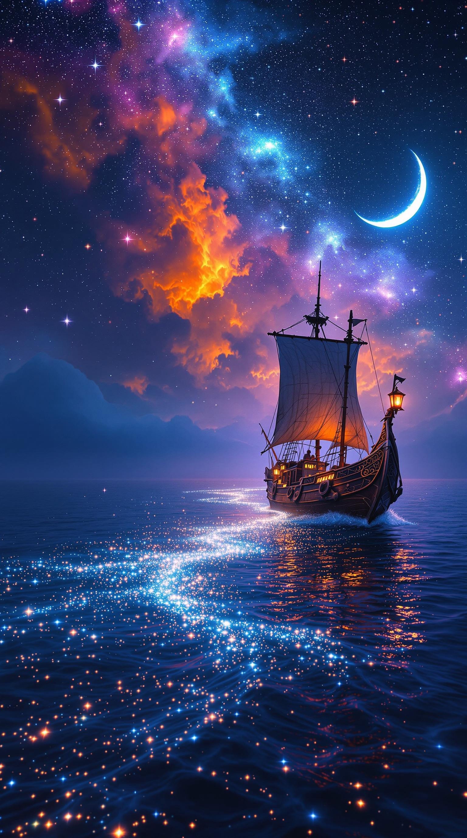 A majestic sailing ship, illuminated by a warm lantern light, navigating through a starry sea under a colorful night sky. The sky above is filled with a stunning array of stars, a crescent moon, and colorful nebulae in shades of blue, purple, and orange. The sea is aglow with a sparkling path of lights on the water, leading the ship forward