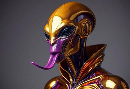abstract male alien model in latex shiny full body outfit  avant-garde style with reflective gold and purple bold Color Scheme   He has a small nose and slim mouth with a long tongue