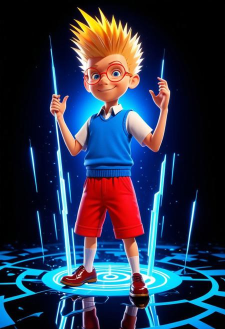 Character, Lewisrobinson, blonde spiky hair,red glasses, blue vest, red shorts, white shirt, cartoon style, brown shoes, white socks.  proud face, excited pose, in the style of golden future. gears are falling as meteor shower colored baroque geometric patterns float around the canvas in the style of colorful digital art. The image has a futurist aesthetic with a nice futuristic disorder and psychedelic color palette. Black background, neon lights, glitch art, surrealism, high contrast, vibrant colors, psychedelic patterns, ethereal glow. The overall mood should be one of happy tomorrow and hopefull beauty.It's like something in the style of science fiction.Lewisrobinson Unsettling reflection in dark still water, liquid demon of the deep, high resolution photo, Chiseled features set in determination