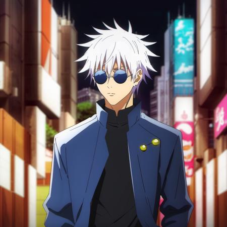 gojou satoru, 1boy, solo, sunglass <lora:gojosatoruxl1:1>, jacket, gakuran, (masterpiece , best_quality ) ,cyberpunk, neon mega city,cyberpunk style