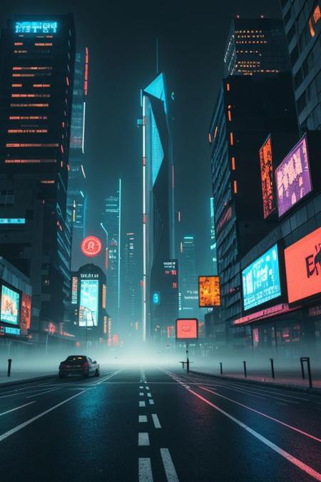 futuristic city, cyberpunk, photo-realistic, 8k, foggy street, nighttime,  high detailed