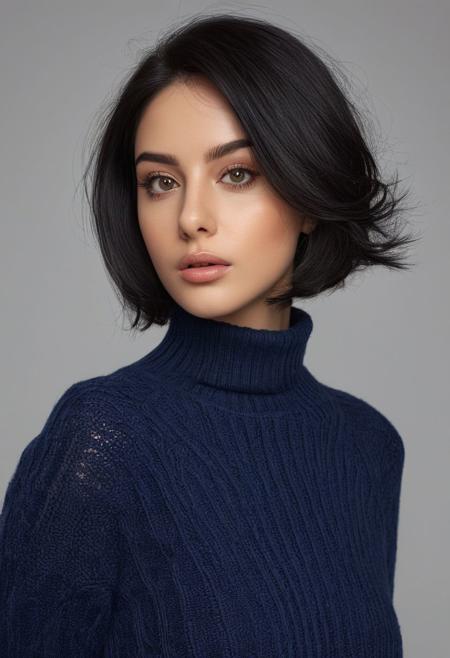(1girl), beautiful face, (realistic face), (black hair, short hair:1.3), beautiful hairstyle, realistic eyes, beautiful detailed eyes, (realistic skin), beautiful skin, absurdres, attractive, ultra high res, ultra realistic, highly detailed, golden ratio, dark, rim lighting, 
realistic sexy girl with a pretty face, (((navy blue sweater, black jeans))), wearing a stylishnavy blue sweater, black jeans with a funny expression on her face. The background is [(white background:1.2),::5] lines , (cover-style:1.5), fashionable, woman, vibrant, dynamic,funny,