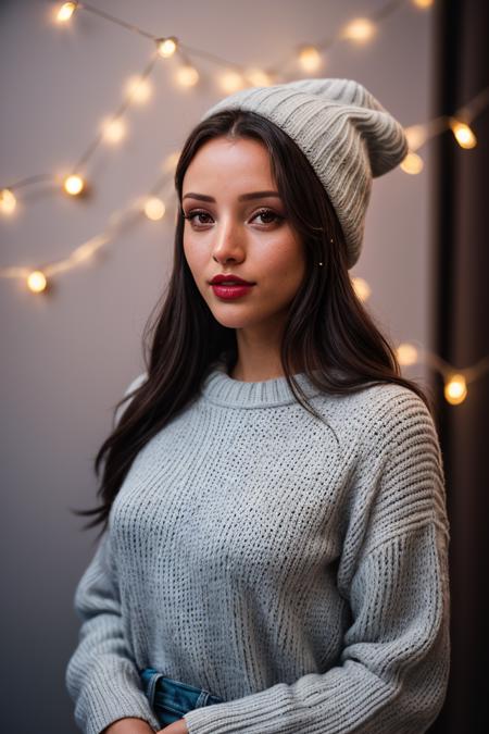 photo of (EPTr1pt1D1mr1:0.99), closeup portrait, perfect hair, (modern photo, Cable knit slouchy hat), 24mm, (analog, cinematic, film grain:1.3), ((galactic united nations headquarters, temperature regulating glass coatings, string lights (fairy lights), uplighting, gradient:1.1)), ((detailed eyes)), ((eyeliner, long lashes)), (epicPhoto), long eyelashes, (perfect waist), (painted lips)