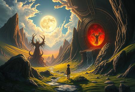 a beautiful landscape with wrong and bizarre angles through which primordial and eldritch beings force their way into the world, summoned and conjured by a girl, the demon queen,