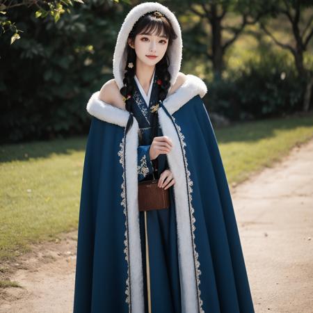 1 girl, cowboy shot, Winter hanfu, long cloak, <lora:Winter_Hanfu:0.75:MIDD>, (masterpiece,best quality:1.5)