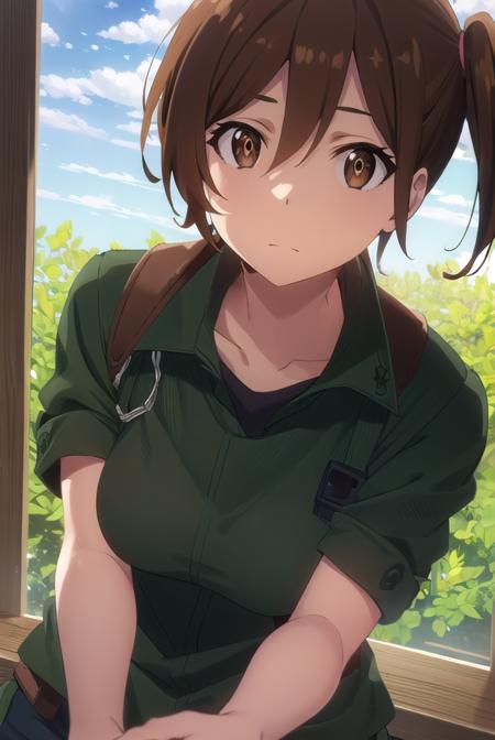 shinokuribayashi, <lora:shino kuribayashi s1s2-lora-nochekaiser:1>,
shino kuribayashi, short hair, brown hair, (brown eyes:1.7), side ponytail,
BREAK uniform, military, military uniform, (green uniform:1.5),
BREAK outdoors, forest, nature, sun, sky, clouds, trees, grass,
BREAK looking at viewer, (cowboy shot:1.5),
BREAK <lyco:GoodHands-beta2:1>, (masterpiece:1.2), best quality, high resolution, unity 8k wallpaper, (illustration:0.8), (beautiful detailed eyes:1.6), extremely detailed face, perfect lighting, extremely detailed CG, (perfect hands, perfect anatomy),