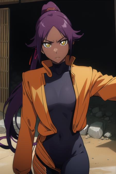 yoruichishihouin, <lyco:yoruichishihouinv2-lyco-nochekaiser:1>,
yoruichi shihouin, long hair, (yellow eyes:1.5), ponytail, purple hair, dark skin, dark-skinned female,
BREAK bodysuit, black bodysuit, bodysuit under clothes, (orange shirt:1.5), long sleeves,
BREAK outdoors,
BREAK looking at viewer, (cowboy shot:1.5),
BREAK <lyco:GoodHands-beta2:1>, (masterpiece:1.2), best quality, high resolution, unity 8k wallpaper, (illustration:0.8), (beautiful detailed eyes:1.6), extremely detailed face, perfect lighting, extremely detailed CG, (perfect hands, perfect anatomy),